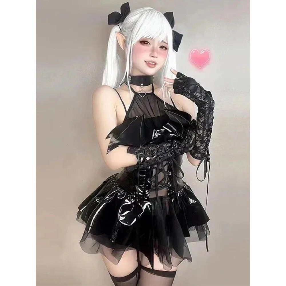 GPU หนัง Halter สายรัดคอค้างคาวปีศาจชุดมินิสั้นผู้หญิงชุดชั้นในเซ็กซี่ฮาโลวีนคอสเพลย์ Punk Gothic เค