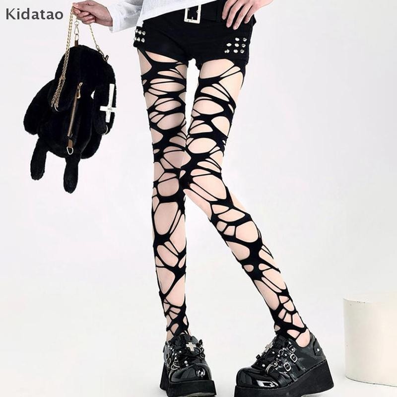 Kidatao Y2K แฟชั่นผู้หญิง Goth Punk เซ็กซี่ Cutg Damage Fishnet Leggings Pantyhose ถุงน่อง Hollow Out รูปแบบ Tights ถุงเท้าตาข่ายใหม่