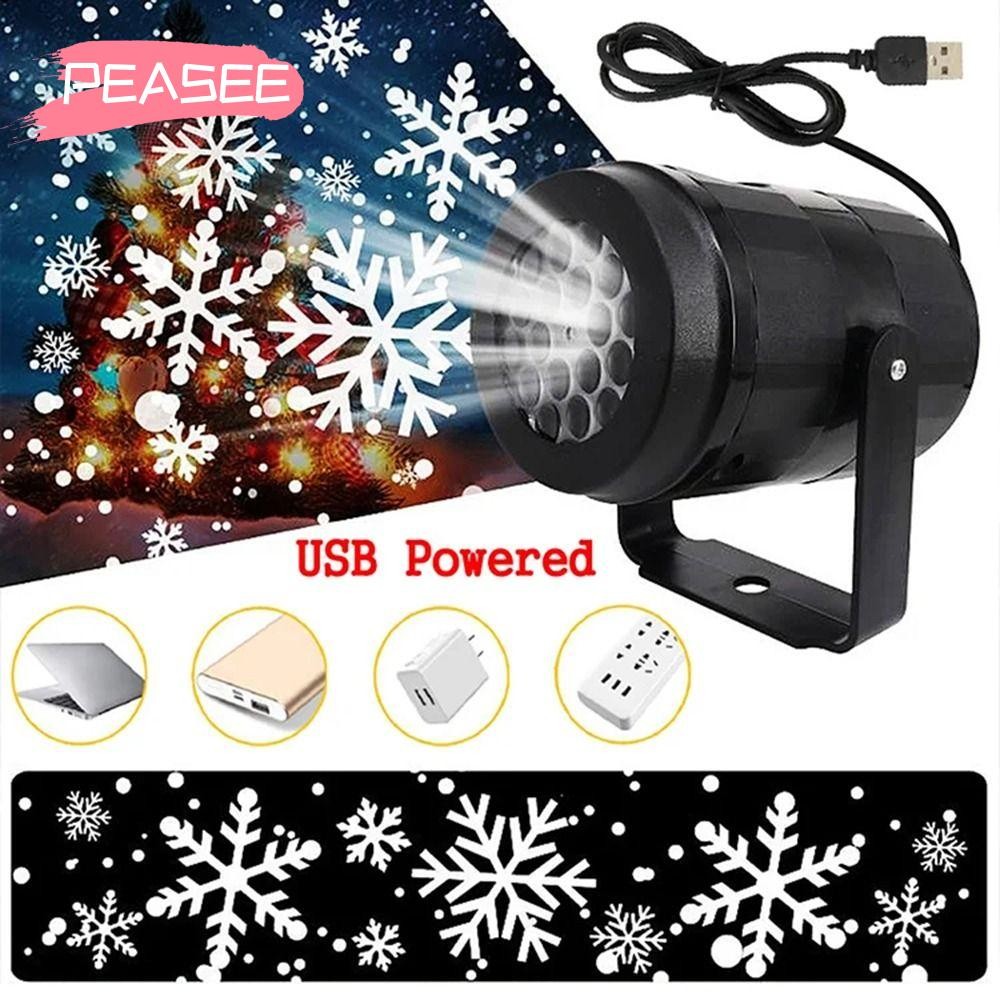 [PEASEE] โปรเจคเตอร์เกล็ดหิมะคริสต์มาส, เครื่องประดับ LED ปีโคมไฟฉายหิมะสีขาว, Merry Xmas หมุนแบบไดนามิก USB Party ไฟนางฟ้าบ้าน