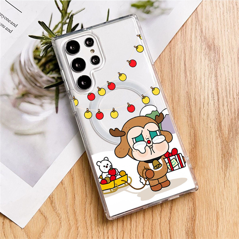 น่ารัก POP MART Crybaby คริสต์มาส Reindeer Santa Claus แม่เหล็กอะคริลิคสําหรับ Samsung S25 Ultra S24 Ultra S24 Plus S25 + S23U S22 Ultra S22 + S23FE กันกระแทก