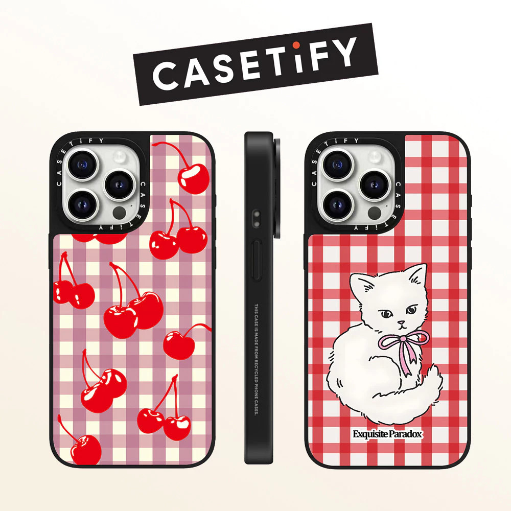 Casetify เคสโทรศัพท์สําหรับ IPhone 16 ProMax 16 Pro 16 Plus 15 Pro 15 ProMax 14 ProMax 13 ProMax 12ProMax 11 ด้านข้างพิมพ์ปลอกแข็งเชอร์รี่แมวสีขาว