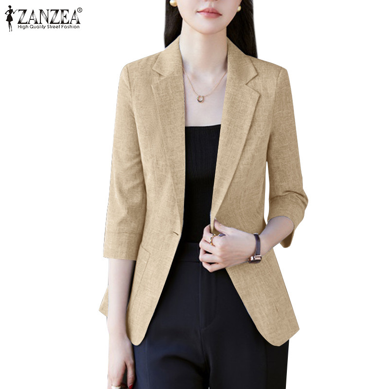 ZANZEA ซานเซีย ผู้หญิงแฟชั่นเกาหลีกระเป๋ากลางแขนสีทึบอารมณ์ เสื้อสูทแฟชั่น