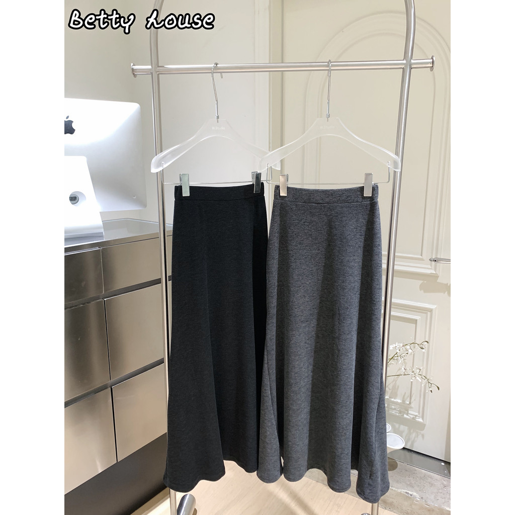 Betty house พร้อมส่ง กระโปรงยาวทรงเอผู้หญิง กระโปรง y2k ดีไซน์เอวยางยืด ลําลองสีพื้น ผ้าอย่างดี ย้อนยุค