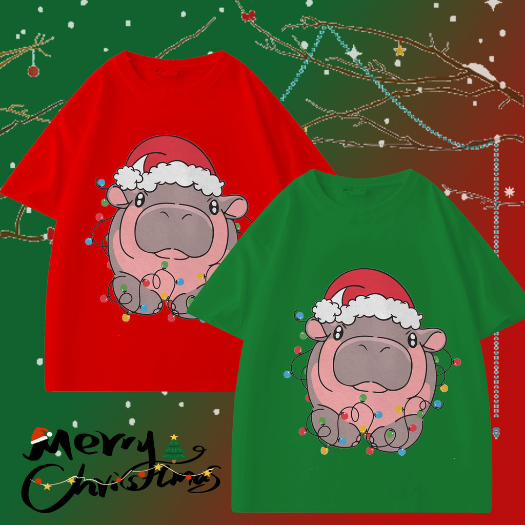 COD (จัดส่งในกรุงเทพฯ)Merry Christmas Moo Deng หมูเด้ง Christmas Cute Hippo ฮิปโปพิมพ์เสื้อยืดคริสต์มาส