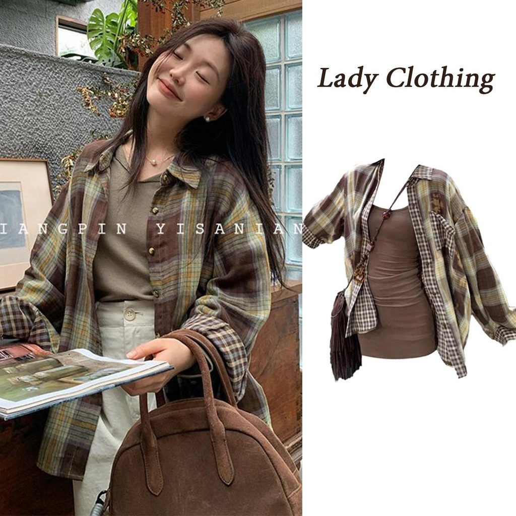 DODO#Shirt plaid เสื้อเชิ้ตแขนยาวลายสก๊อต ทรงเบสิคใส่คลุมแมตช์หรือใส่เดี่ยวๆก็ชิคค#W498 Women Clothing Lady ผู้หญิง