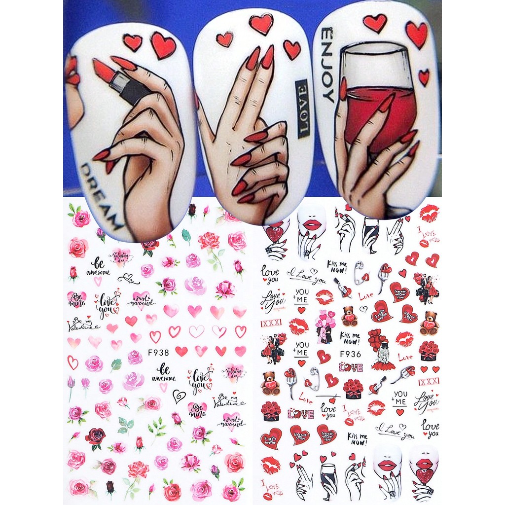 การ์ตูนวันวาเลนไทน์ 3D เล็บสติกเกอร์ Rose Bear Kiss Design Decals Red Lipped Holographic Self-Adhesive Slider DIY อุปกรณ์ทําเล็บเครื่องมือ