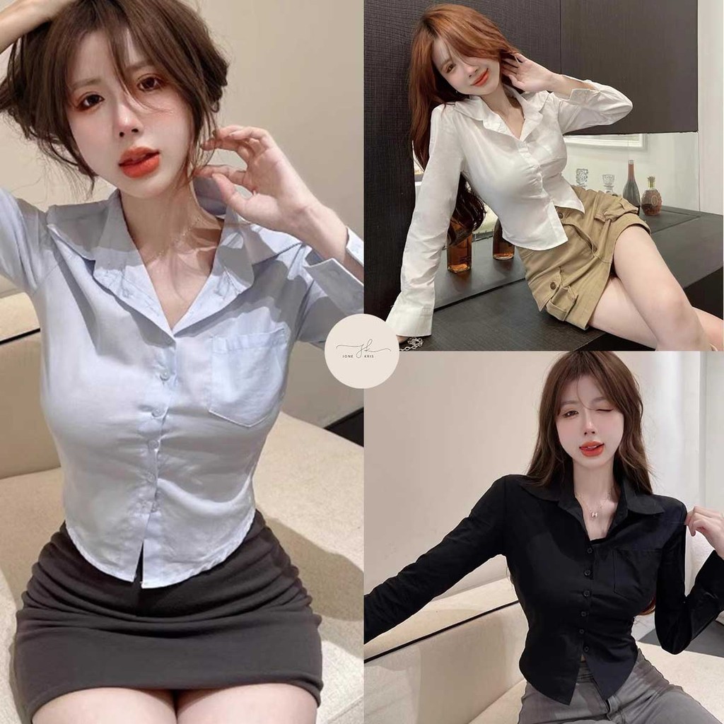 เสื้อเชิ้ตสีขาว ดีไซน์เก๋ เน้นสัดส่วน เอวคอด ใส่แล้วดูเพรียว