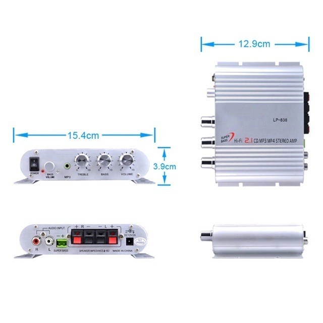 แอมป์จิ๋ว LP-838 2.1CH 200W เครื่องขยายเสียง แยกซัพอิสระ พร้อมปรีในตัว แถมสายไฟเข้า