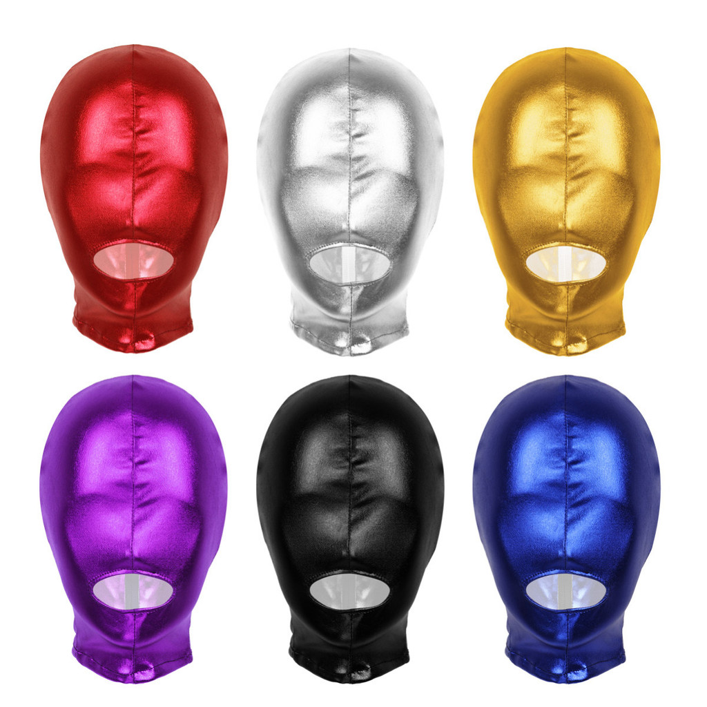Nikiikoo Unisex ผู้ชายและผู้หญิง Latex โลหะเงาเปิดปาก Hole Headgear Full Face Mask Hood สําหรับบทบาทเล่นเครื่องแต่งกาย