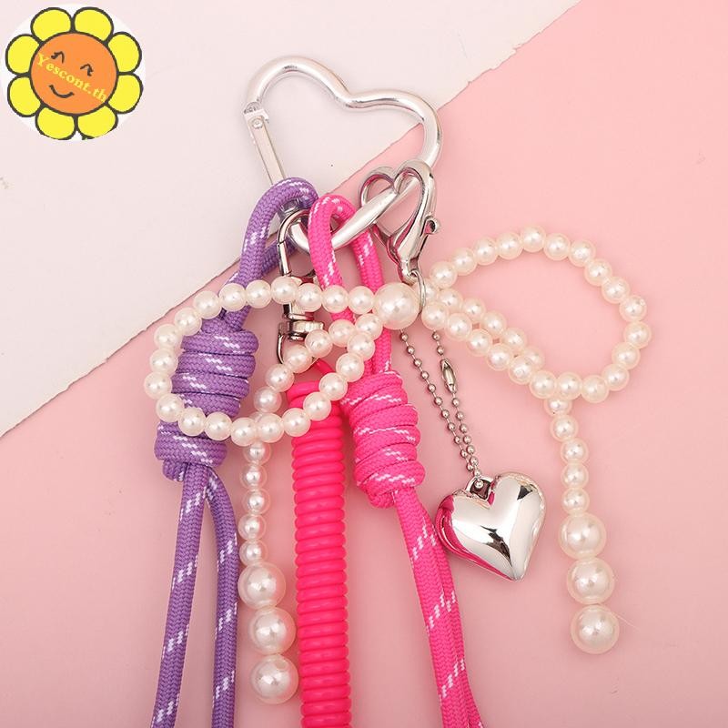 Yescont 1 ชิ้น Y2K แฟชั่น Pearl Bow Love กระเป๋าจี้เกาหลี Charm ไนลอน Handmade เชือกพวงกุญแจเครื่องประดับ DIY กีฬาสไตล์คู่ของขวัญ TH