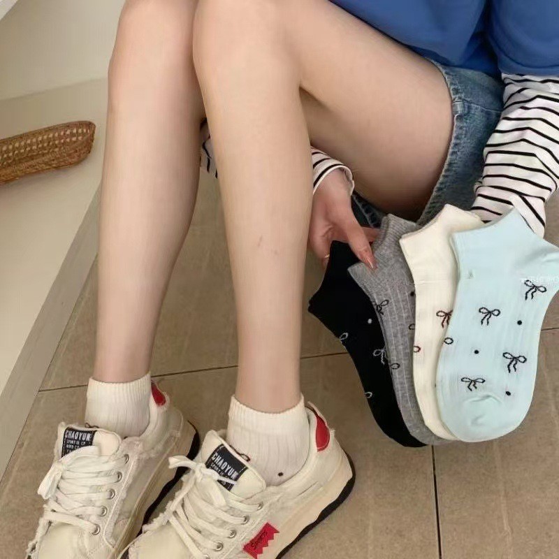 ฤดูใบไม้ผลิฤดูร้อนนุ่มสาวหวานน่ารักสไตล์ Breathable ทนทาน Soft Casual All-Match Polka Dot Bow ถุงเท้า