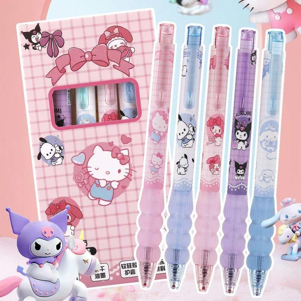 ROSE 5 ชิ้น Sanrio กดปากกาเจล, การ์ตูน Decompression Pikachu Neutral ปากกา, น่ารัก Quick-drying 0.5 มม. แปรงหมึกต่อเนื่องปากกาสีดําอุปกรณ์การเรียน