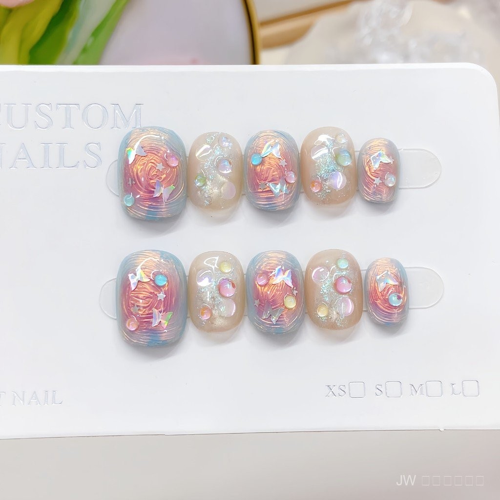 JW ส่งฟรี เล็บปลอมสำหรับสวมใส่ทำด้วยมือ ลวดลายพายุหมุนผีเสื้อ ทำให้ดูมีเสน่ห์และขาว สำหรับฤดูร้อน แบบเล็บเจล และเล็บปลอมสำหรับเล็บแถมฟรี! กาว+ตะไบ