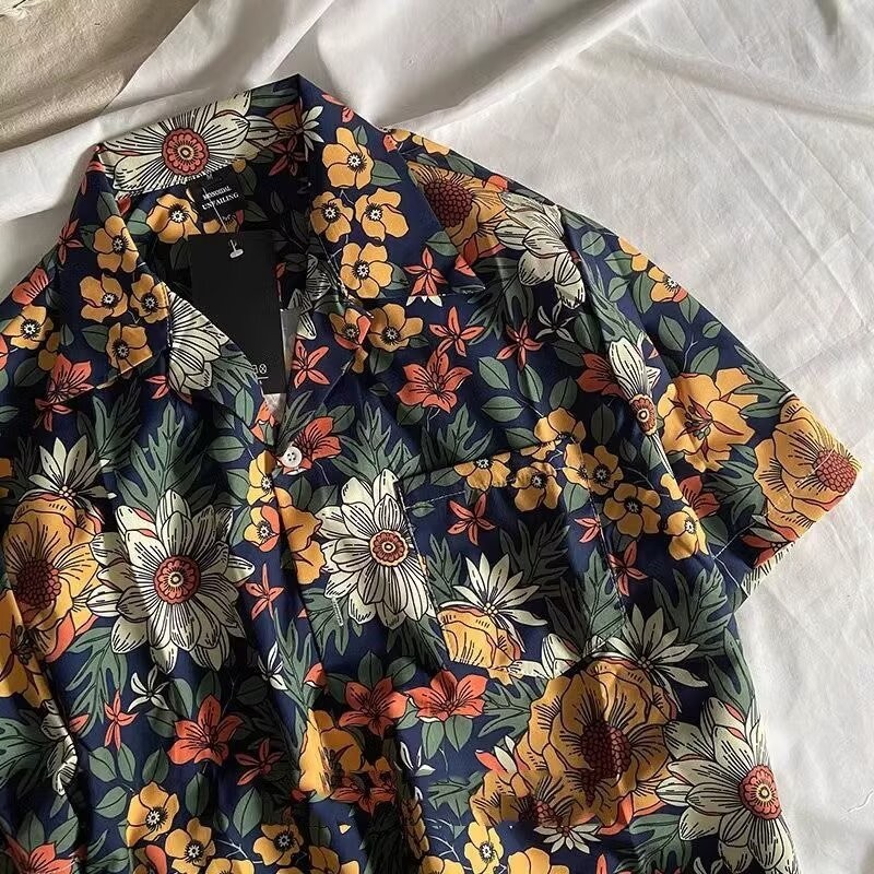 เอร์เชนชิ เสื้อเชิ้ตแขนสั้นพิมพ์ลายดอกไม้ย้อนยุคผู้ชายฤดูร้อนสไตล์ฮาวายทรงหลวม