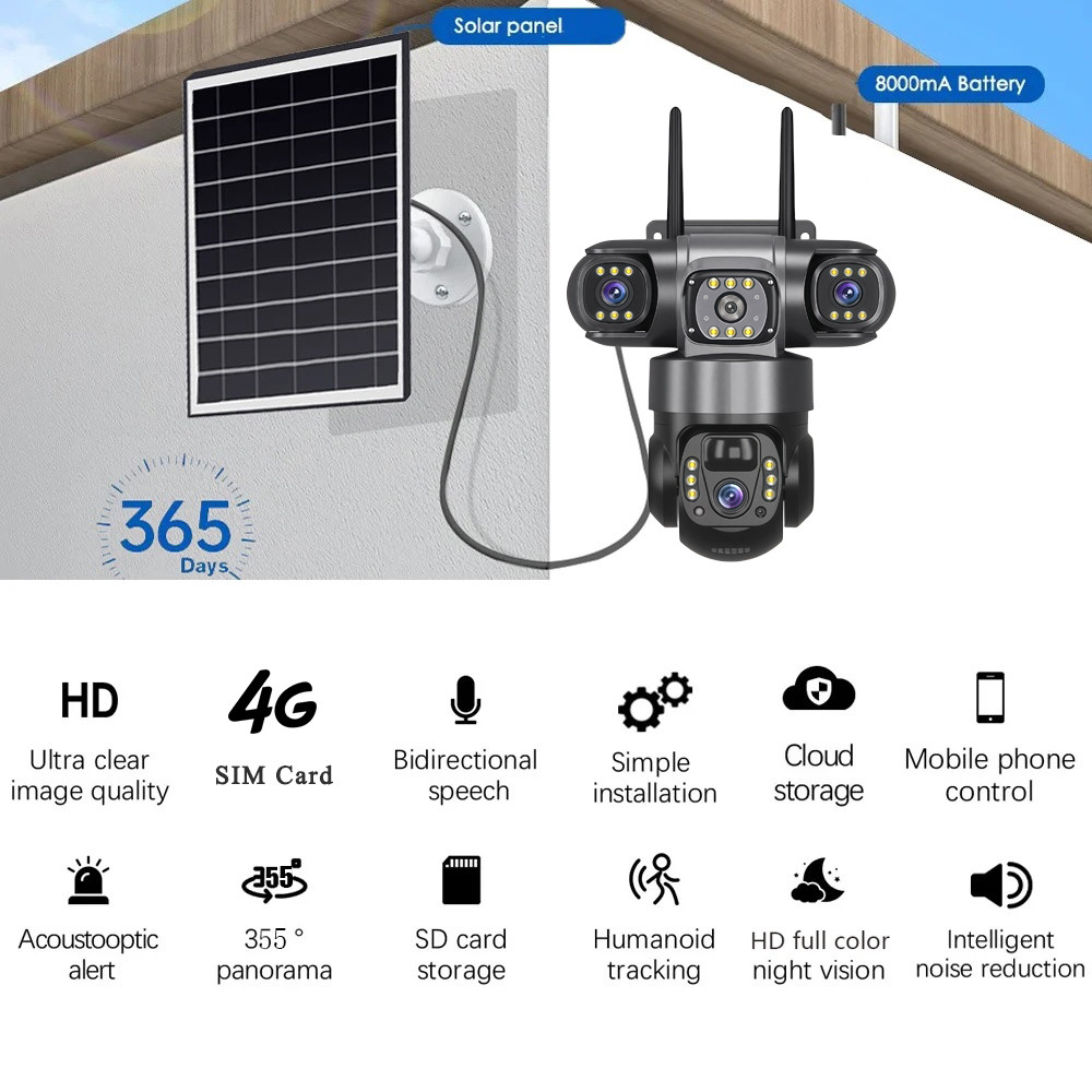 TDL 3 เลนส์ 4G พลังงานแสงอาทิตย์กล้อง HD15 MP360 กันน้ํากลางแจ้ง Night Vision 2-Way Audio กล้อง Human Detection IP กล้อง