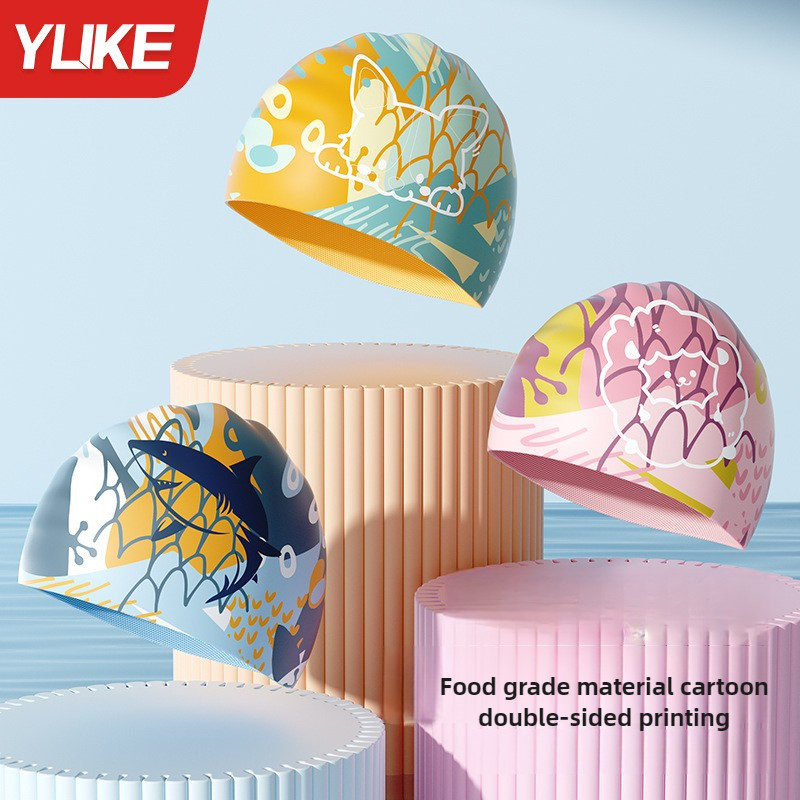 YUKE หมวกว่ายน้ำ เด็ก ซิลิโคน กันแดด ลายการ์ตูน กันน้ำป้องกันหู kids swim cap