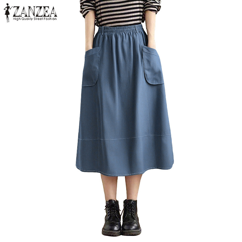 ZANZEA ผู้หญิงเกาหลีวินเทจสันทนาการเอวสูงออกแบบกระเป๋าคู่ Midi กระโปรง Over