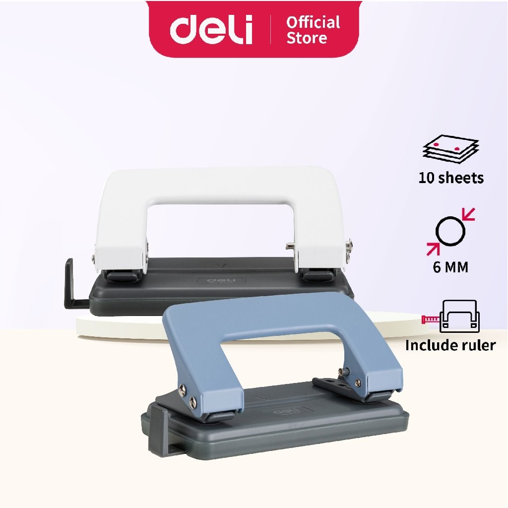 Deli Paper Puncher Two Hole Puncher 10 แผ่นไม้บรรทัดปรับได้ Office Puncher Penebuk Lubang