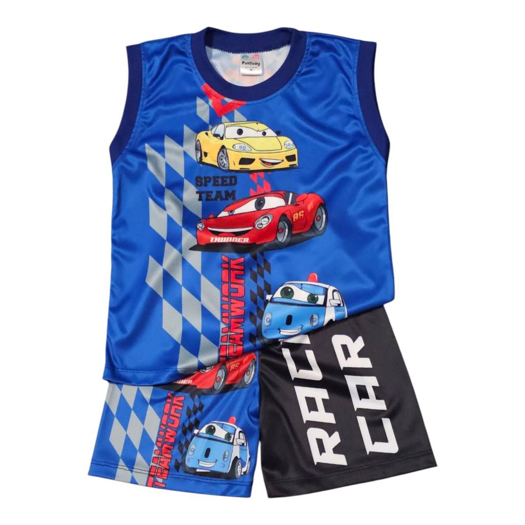 (M882#5) ชุดเด็ก เสื้อกล้าม+กางเกงขาสั้น ผ้าไมโครเกรดA (ผ้าลื่น) ลายรถแข่ง เสื้อผ้าเด็ก ชุดเด็กแฟชั่น ชุดเด็กลายการ์ตูน