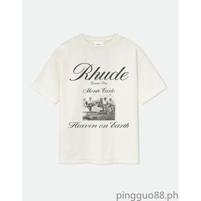 RHUDE Retro Character Old Poster Slogan logo เสื้อยืดแขนสั้น