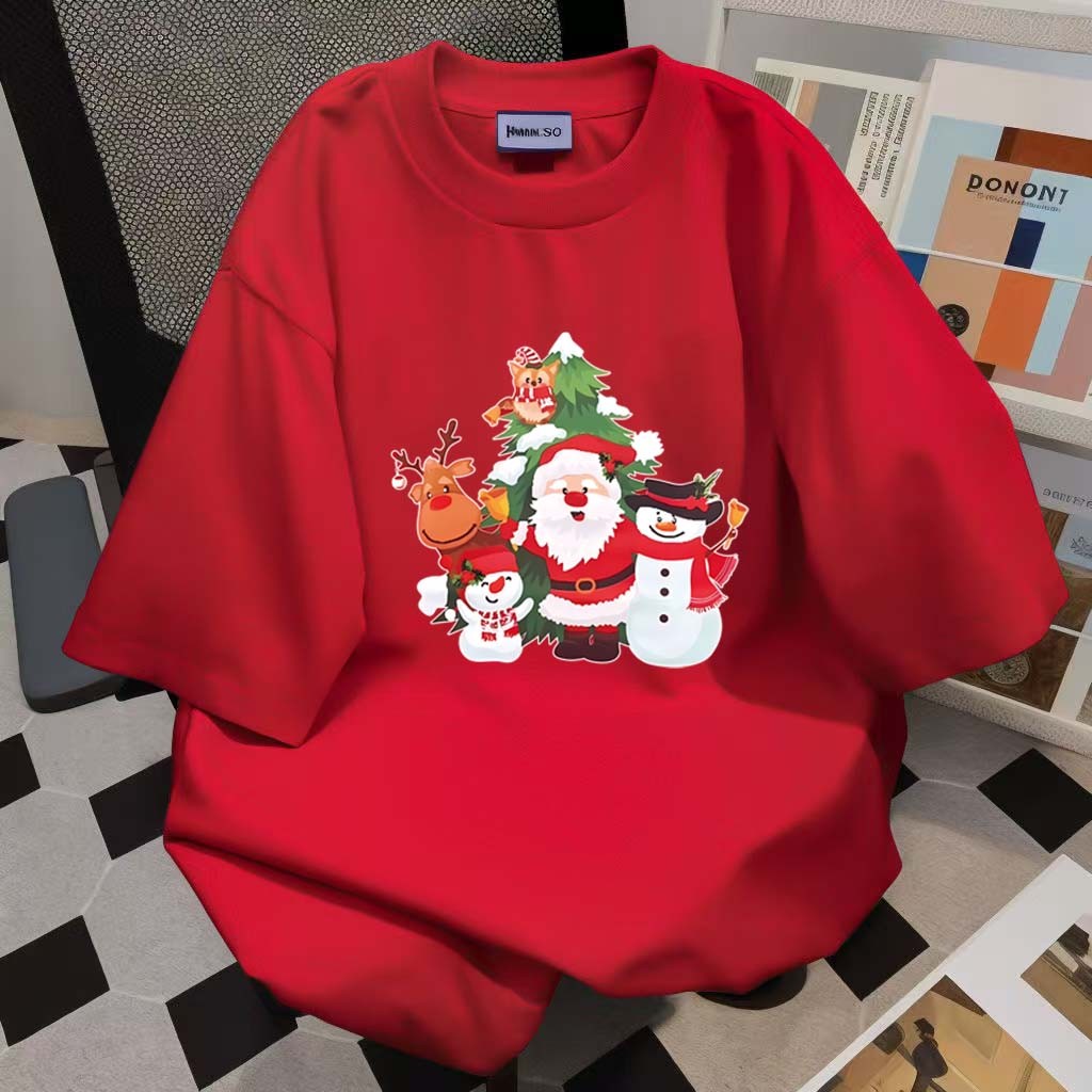 (จัดส่งตลอด 24 ชั่วโมง)Woo Right Christmas T-shirts เสื้อยืดแขนสั้น พิมพ์ลายซานตาคลอส คริสต์มาส กวางน่ารัก สีแดง 5684