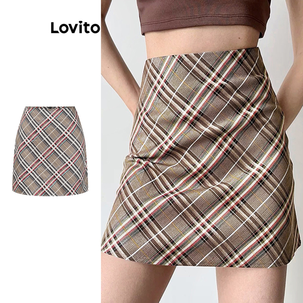 Lovito กระโปรงลายกิงแฮมสีบล็อกสไตล์พรีปปี้สำหรับผู้หญิง L110AD029