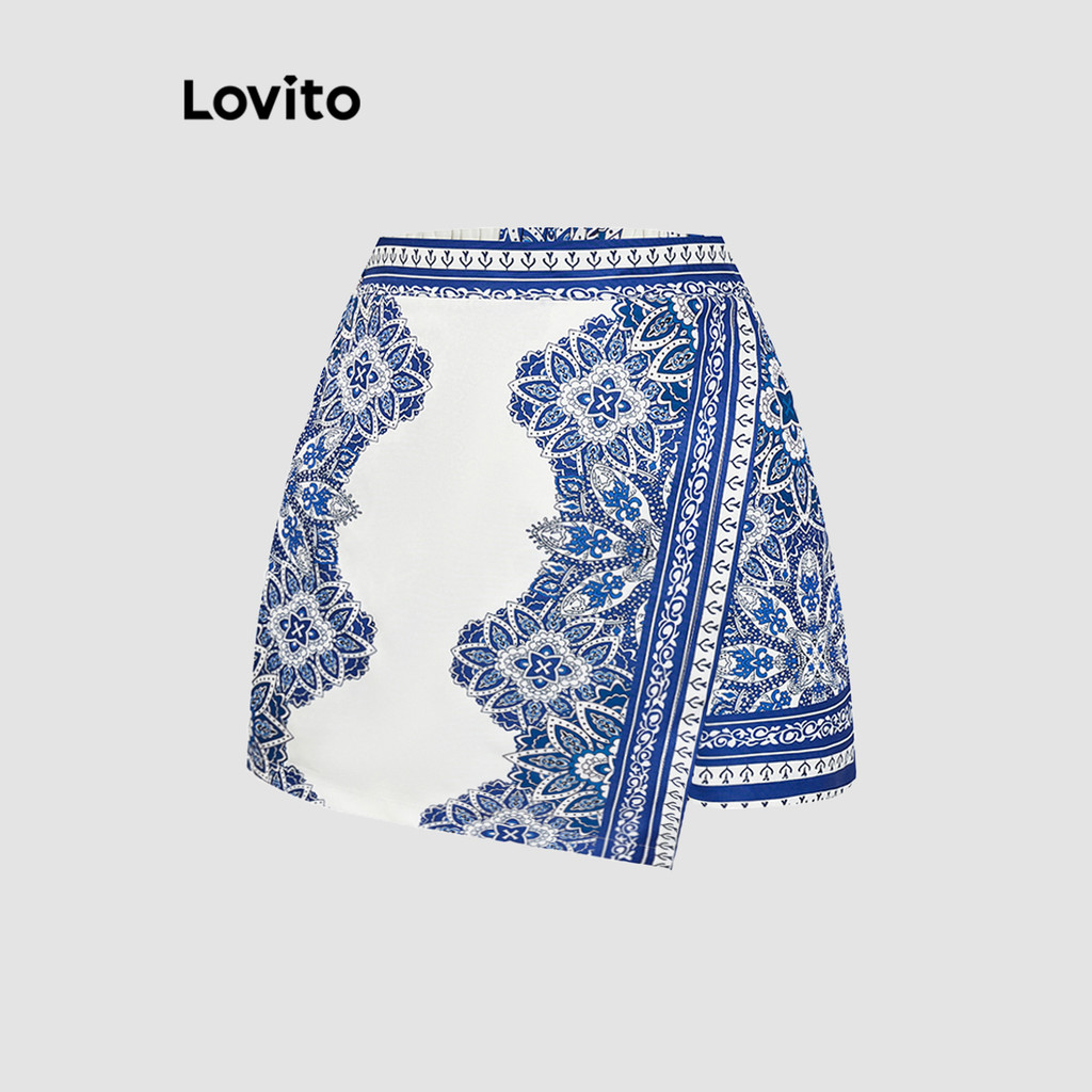 Lovito กางเกงขาสั้นผู้หญิง ลายเพสลีย์ ทรงอสมมาตร สไตล์โบโฮ L91AD181