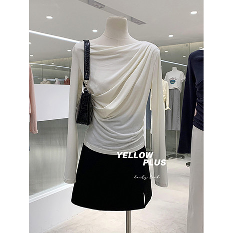 เสื้อยืดแขนยาวจีบระดับไฮเอนด์ฤดูใบไม้ร่วงใหม่ของผู้หญิง