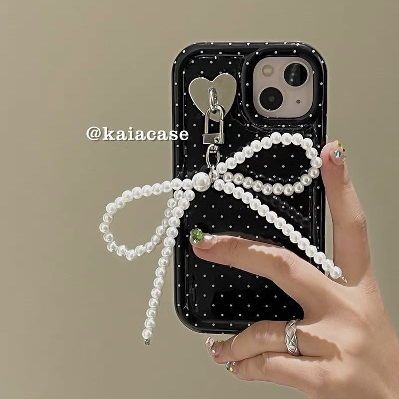 สาวหัวใจมุกโบว์สีดํา Poledot สําหรับ Apple 15promax เคสโทรศัพท์ Iphone14 ใหม่ 12/11 ผู้หญิง 13pro ง่าย 14promax Creative 16 Anti-drop Xsmax เคสโทรศัพท์