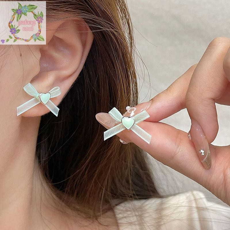 Pucool 1 คู่ Mint สีเขียวโบว์ริบบิ้นต่างหู Niche Design Oil Drop Love ต่างหูรูปหัวใจ TH