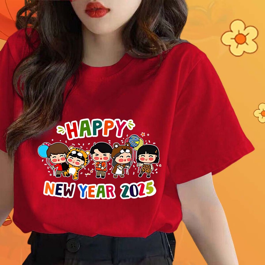 เสื้อปีใหม่สีแดง HappyNewYear 2568 2025 ใส่สบาย เนื้อผ้านุ่ม ลายสกรีนสวย งาน
