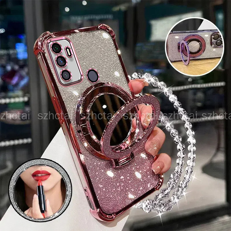 ปลอกสําหรับ OPPO A53 2020 A33 2020 สี่มุมกันกระแทกเคสโทรศัพท์ 3D ที่วางกระจกแต่งหน้าสร้อยข้อมือใหม่ softcase