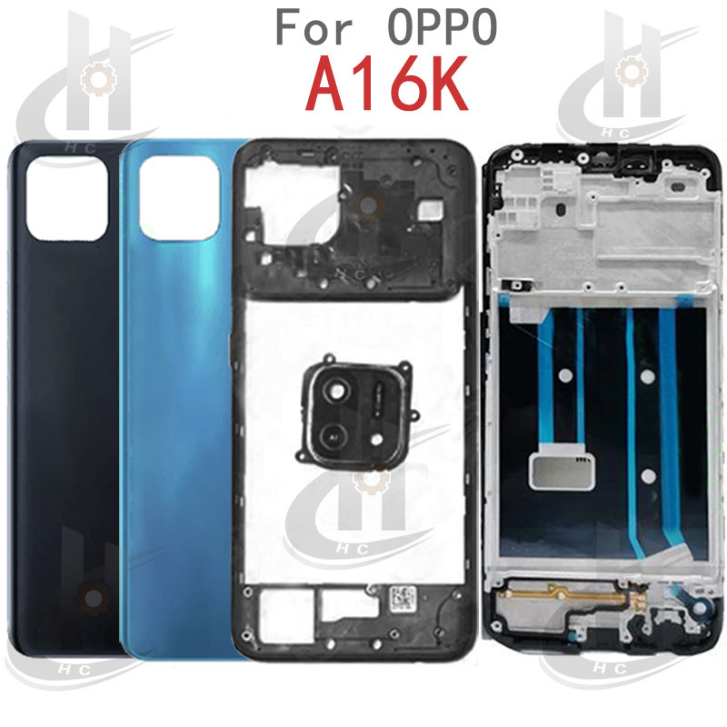 สําหรับ OPPO A16K CPH2349 A16E CPH2421 แบตเตอรี่ฝาหลังกรอบกลาง + ปุ่ม + กรอบด้านหน้า LCD + เลนส์กล้อ