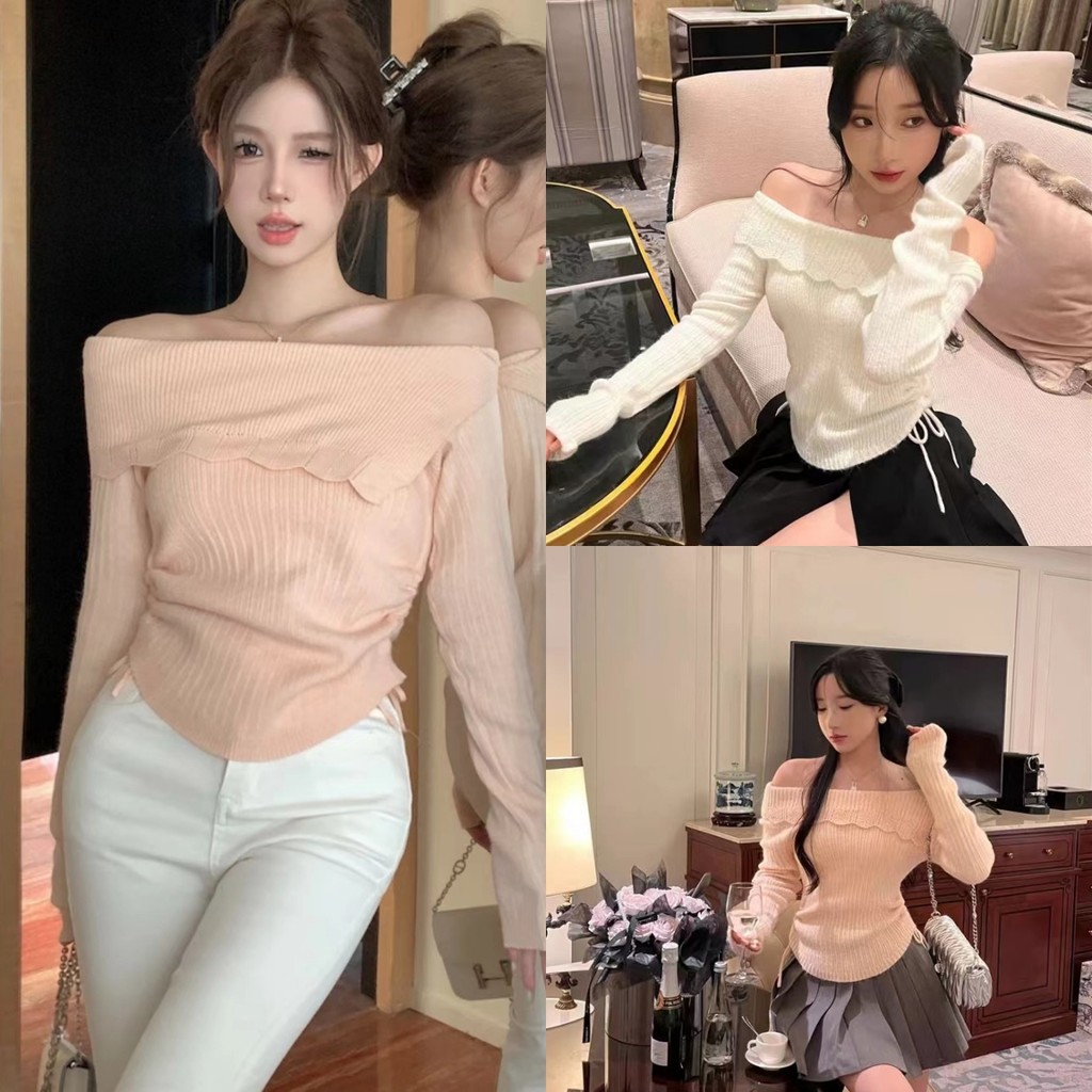 Evelyn เสื้อไหมพรมเปิดไหล่ ดีเทลหยักๆผ้าร่อง เข้ารูป เสื้อแขนยาว สไตล์ลำลอง ทรงสวย ใส่สบาย ​พร้อมส่ง#A112