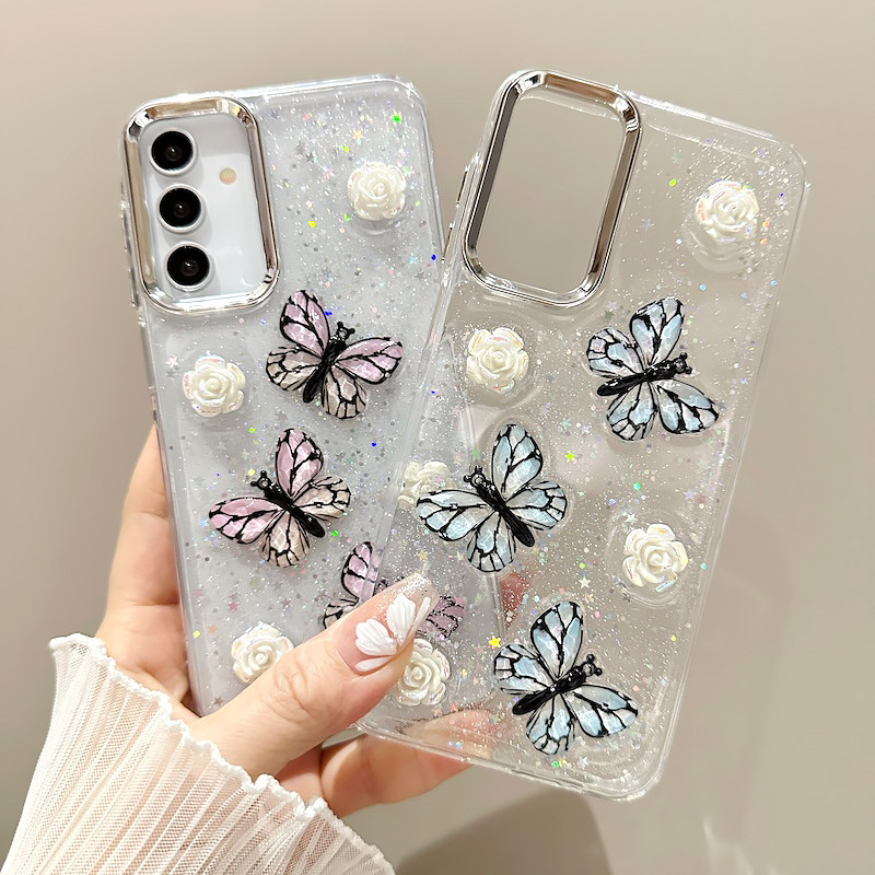 SAMSUNG สําหรับsamsung Galaxy S24 S23 S22 S21 S20 FE S25 Plus Ultra A05 A15 A25 A35 A55 A16 5G Shining Glitter Star 3Dผีเสื้อดอกไม้กรณีโปร่งใสซิลิโคนนุ่มกันกระแทก