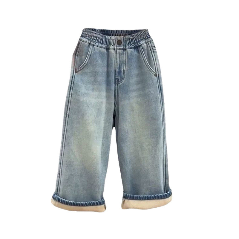 เสื้อผ้าเด็กสาวบวกกางเกงกํามะหยี่ 2024 เด็กใหม่ที่ทันสมัยและมีสไตล์ชิ้นเดียวกํามะหยี่กางเกงยีนส์หลวมตรง - รูปที่ 4