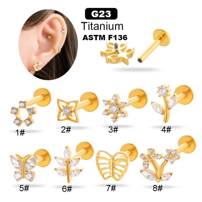 1 ชิ้นดอกไม้ผีเสื้อรูปร่าง Labret Lip Stud แบนหัว G23 ไทเทเนียม Zirconia Hypoallergenic หู Helix Lobe เจาะเงินทองสี