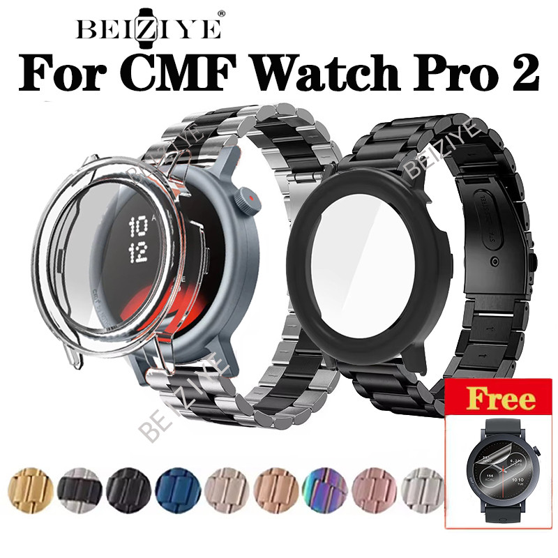 2-in-1 PC กระจกนิรภัย + สายโลหะสําหรับ CMF Watch Pro 2 PC ฝาครอบป้องกันหน้าจอสําหรับ CMF by Nothing Smart Watch Pro 2 เปลี่ยนสแตนเลส Replacemen Watchband