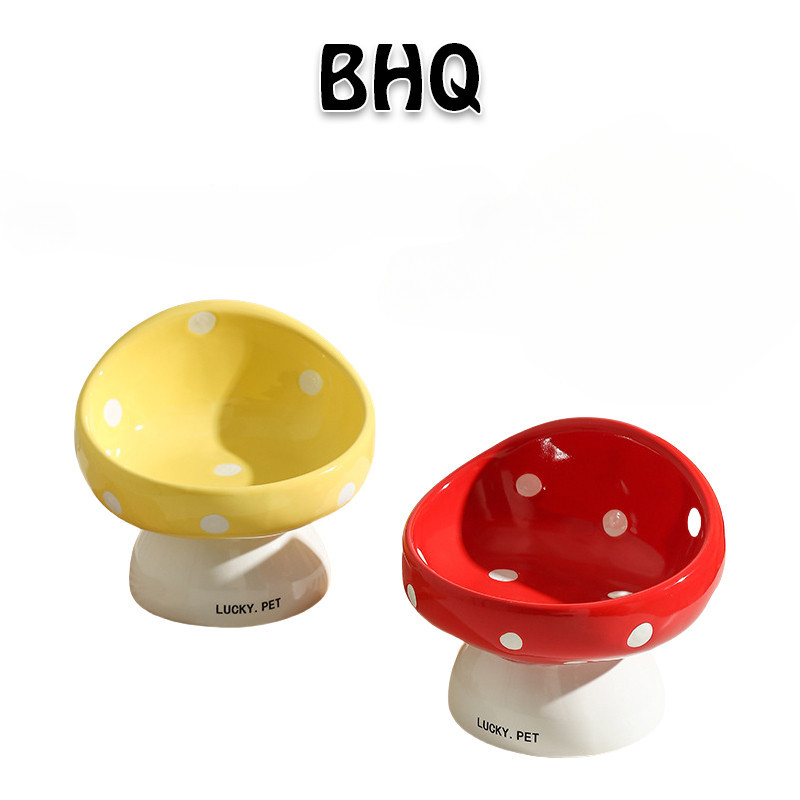 BHQ ชามอาหารหน้าแมว ชามเซรามิค รูปร่างเห็ด สำหรับสัตว์เลี้ยง สุนัข แมว