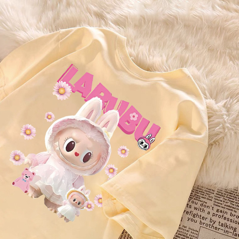 ฤดูร้อนน่ารักการ์ตูนญี่ปุ่นสีชมพู LABBU แฟชั่นคู่หลวมสบายๆเสื้อยืดด้านบน