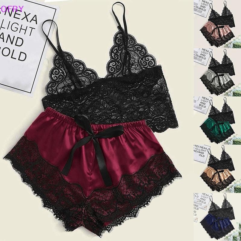 1 ชุดนอนชุดสตรีลูกไม้ชุดนอนชุดชั้นใน Crop Tops และกางเกงขาสั้น Babydoll ชุดนอนชุดนอน RY