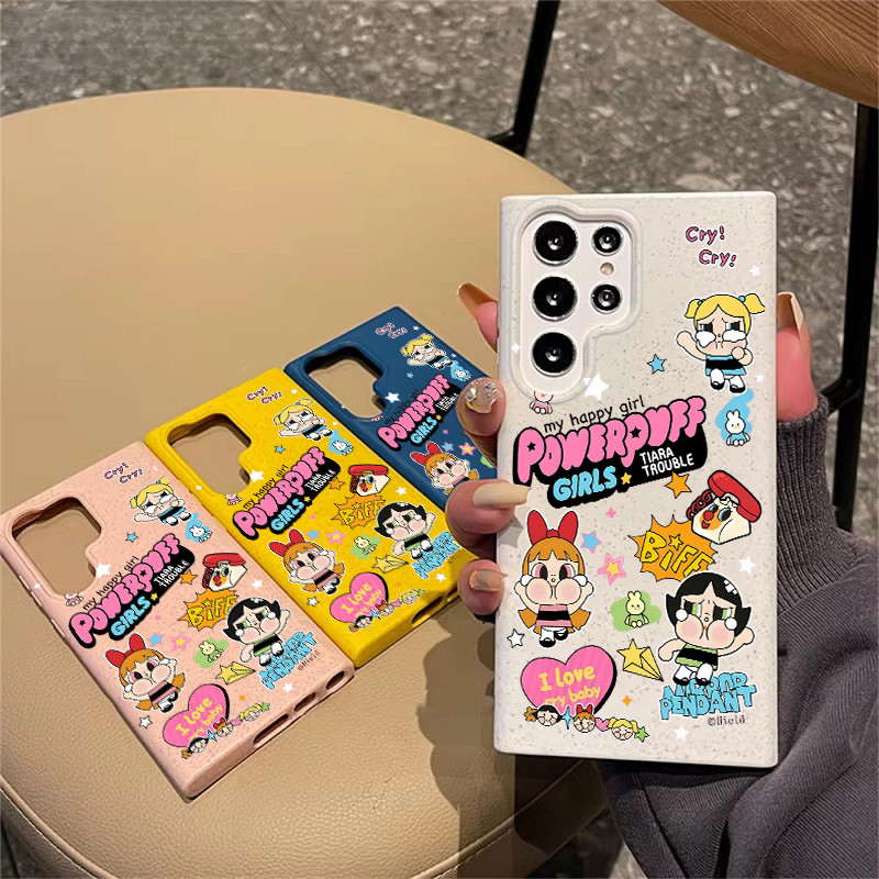 Powerpuff Girls POP MART Crybaby Happy Girls เป็นมิตรกับสิ่งแวดล้อมฟางข้าวสาลีสําหรับ Samsung S25 Ultra S25 Plus S24/S23/S22/S21/S20 FE A12 A13 14 A15 A53 A55 ฝาครอบกันกระแทก