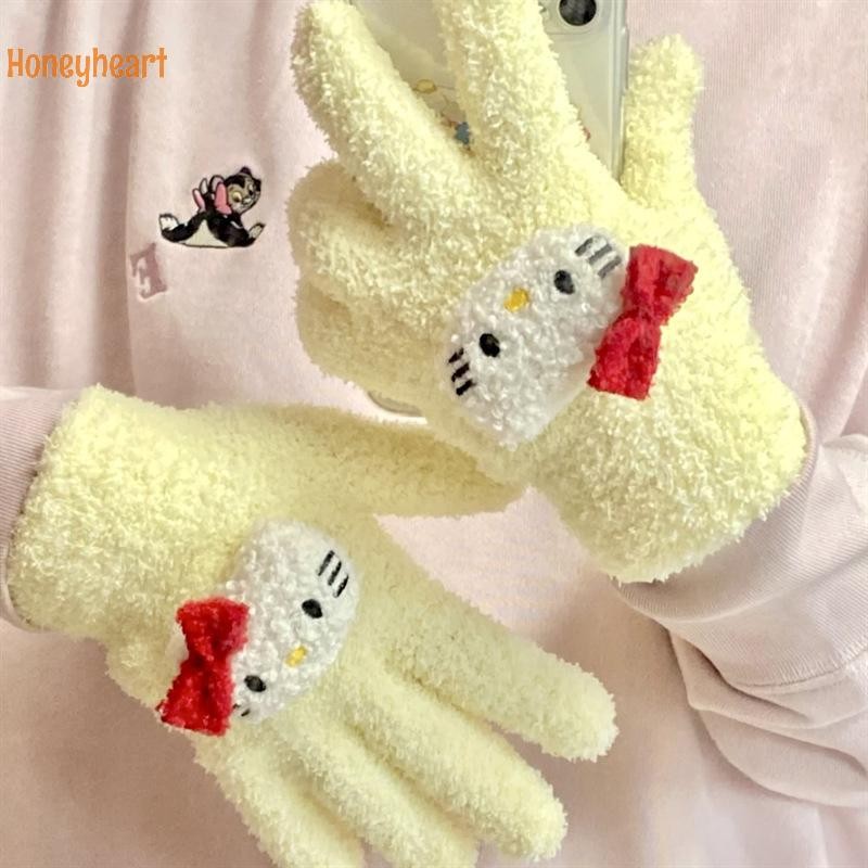 <Honeyheart> น่ารัก Hello Kitty ฤดูหนาวถุงมือขนแกะปะการังที่อบอุ่น Girly Heart KT Cat ถุงมือกันลมหนาตุ๊กตากลางแจ้งถุงมือขี่จักรยานของขวัญ Nice