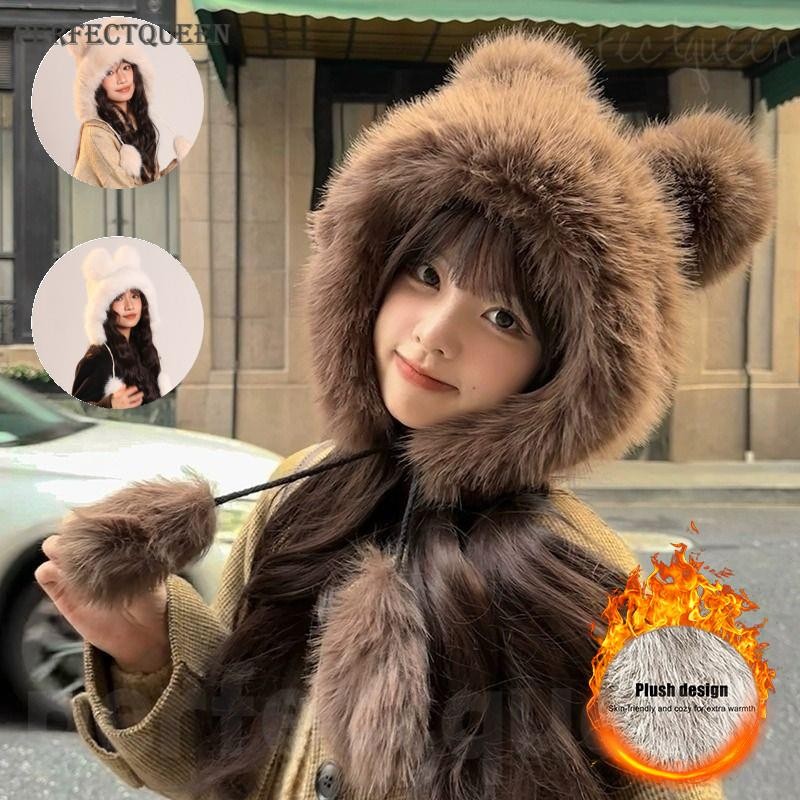 Fluffy Fur หมวกป้องกันหูสําหรับผู้หญิงฤดูหนาว Plush หมวกชาวประมง Windproof Warm หมวกหมีสาว Earmuffs หมวก