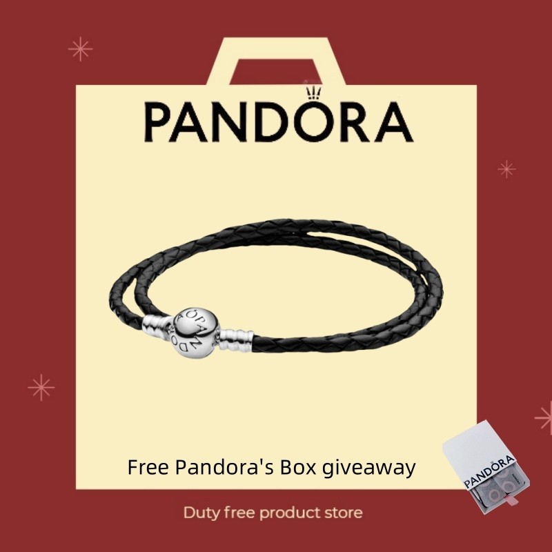 PANDORA Moments สร้อยข้อมือหนังสีดำสองชั้น590745CBK_DOUBLE Pandora เครื่องประดับเงิน100% 925ชุดของขว