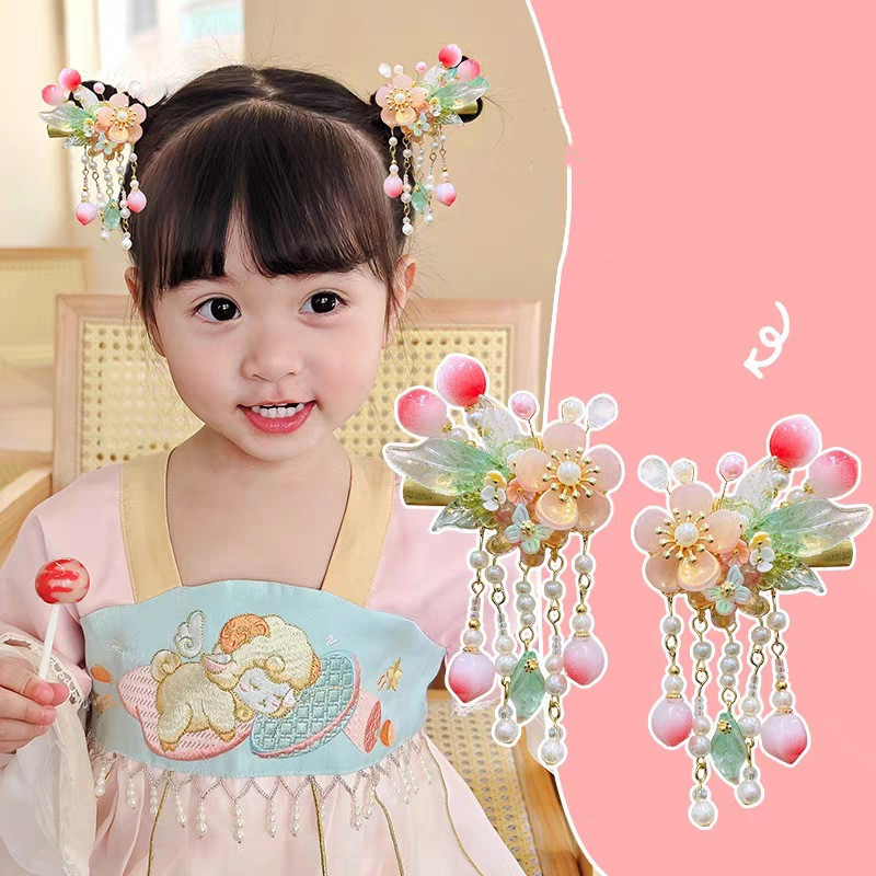 เด็ก Hanfu เครื่องประดับผมเด็กทารกน่ารักดอกไม้มุกคลิปผมสไตล์โบราณพู่ Hairpins
