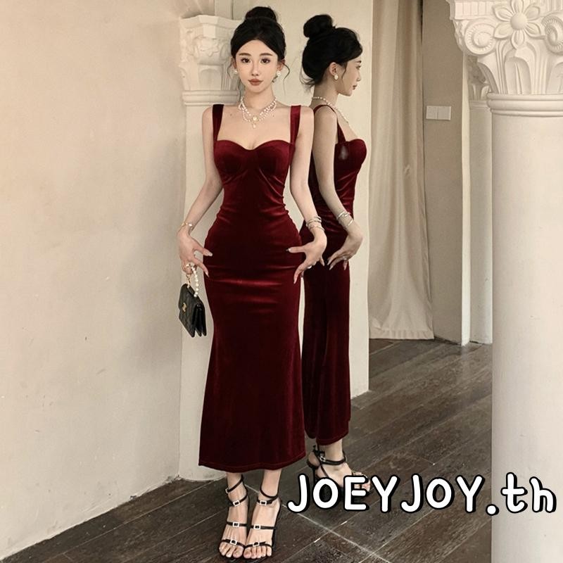Joeyjoy-ชุดเดรสยาวผู้หญิงสีทึบแขนกุดเปลือยชุดเดรสเข้ารูปปาร์ตี้