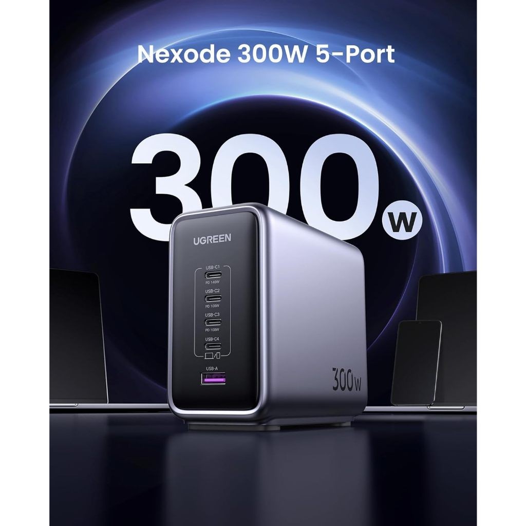 Ugreen ที่ชาร์จ USB C 300W Nexode GaN 5 พอร์ต  , 4 port USB C , 1 port USB A รับประกัน 1 ปี