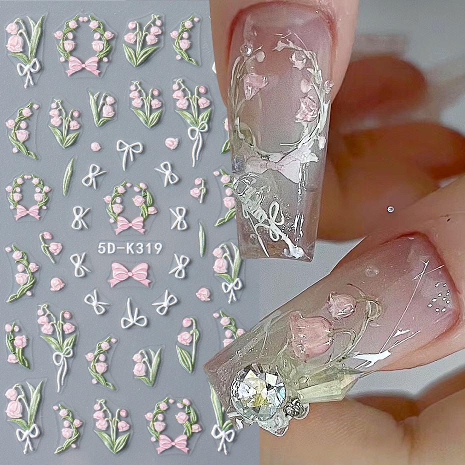 สติ๊กเกอร์ติดเล็บ 5D ดอกไม้ Dopamine Design Gel Decals Holographic Emboss Self-Adhesive Slider อุปกรณ์ศิลปะและตกแต่ง