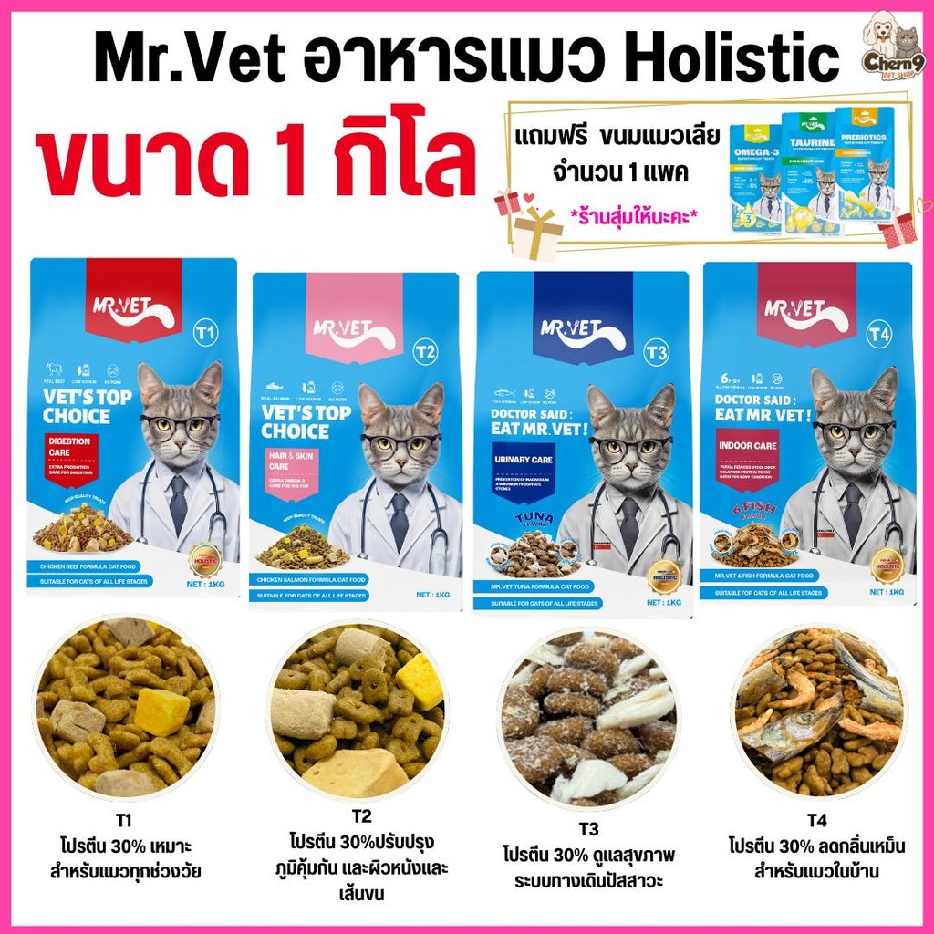 [[ขนาด 1kg ]] อาหารแมว  Mr.Vet เกรด Holistic โปรตีนสูง 30% *แถมแมวเลีย1แพค* – โปรปัง